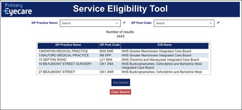 A screenshot of the Service Eligibility Tool page on the Primary Eyecare Services website