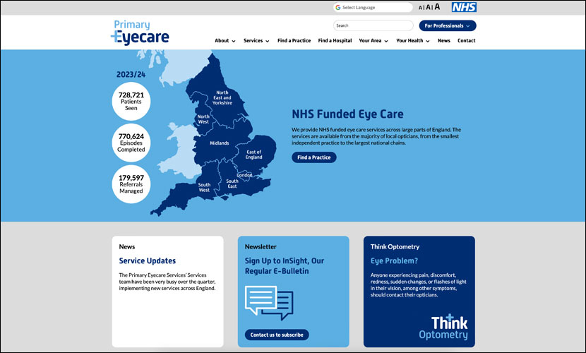 Primary Eyecare Services’ website home page