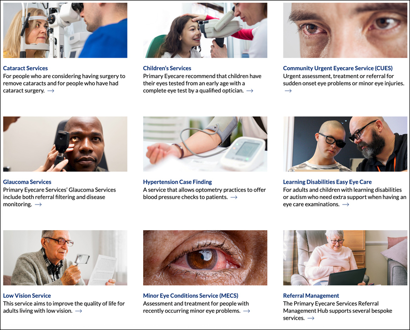 A screenshot of the Services page, with service tiles for specific services on the Primary Eyecare Services website.