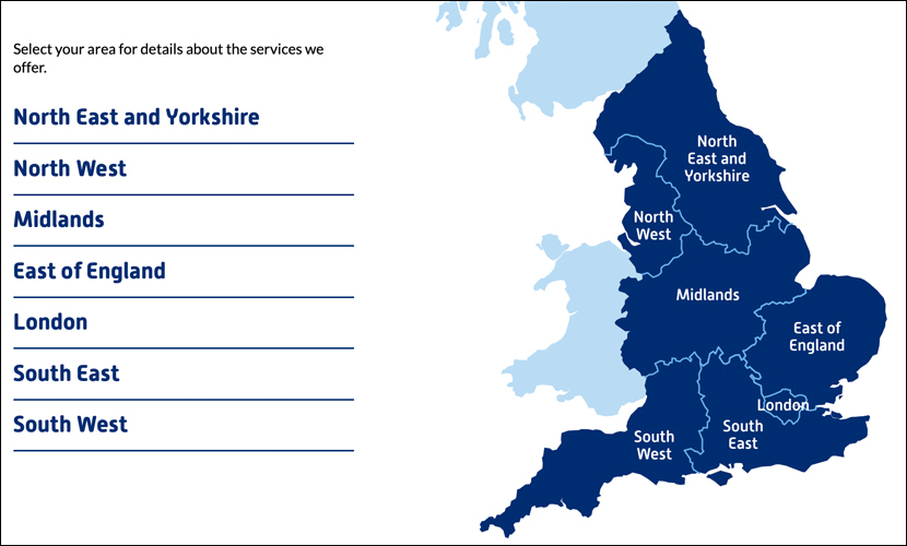 A screenshot of the Your Area map page of the seven NHS regions on the Primary Eyecare Services website.